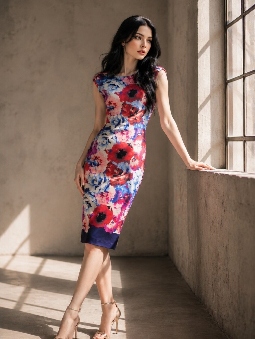 EUC Vince Camuto Floral Print Pencil Cut Size 0P Stretch Midi Dress!